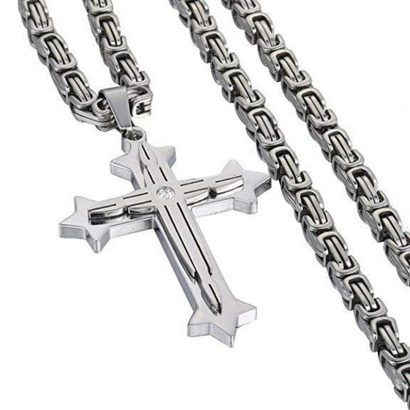 Mens Stainless Steel Cross Pendant Necklace 5mm Byzantine Link Chain Religions Jewelry 22-32inch
