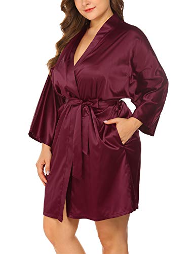 IN'VOLAND Women's Plus Size Robe Kimonos 3/4 Sleeve Satin Robes Silky Bathrobe Sleepwear with Pockets（1X-6X） 