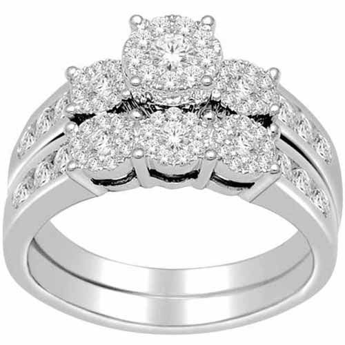 1 Carat T.W. Diamond 10kt White Gold Three-Stone Round-Shape Bridal Ring Set