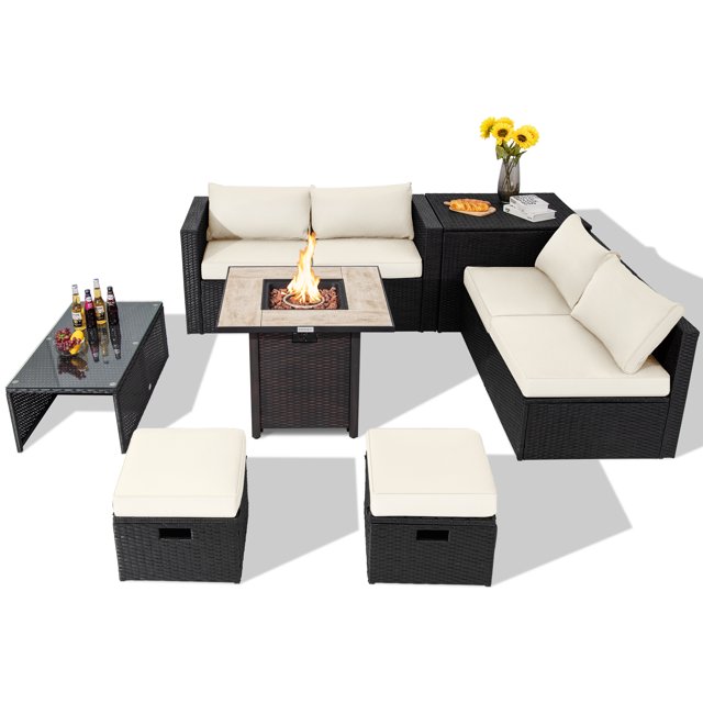 Topbuy 9 Pieces Outdoor PE Rattan Wicker Sectional Sofa with 42" Gas Fire Pit Table Space-Saving Patio Conversation Set with Storage Box Off White