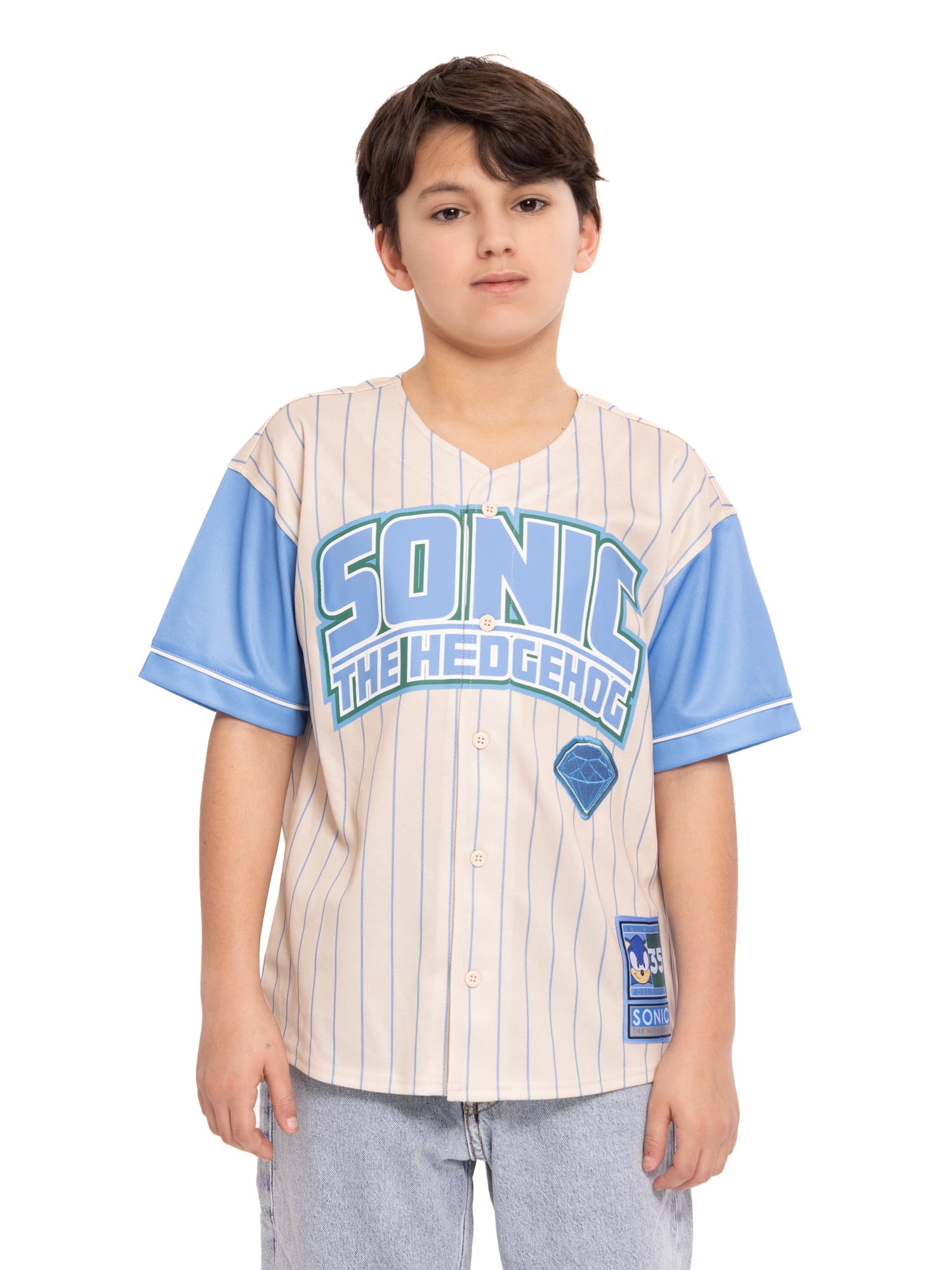 Sonic the Hedgehog Boys Graphic Baseball Button Down Jersey with Short Sleeves, Sizes 4-12