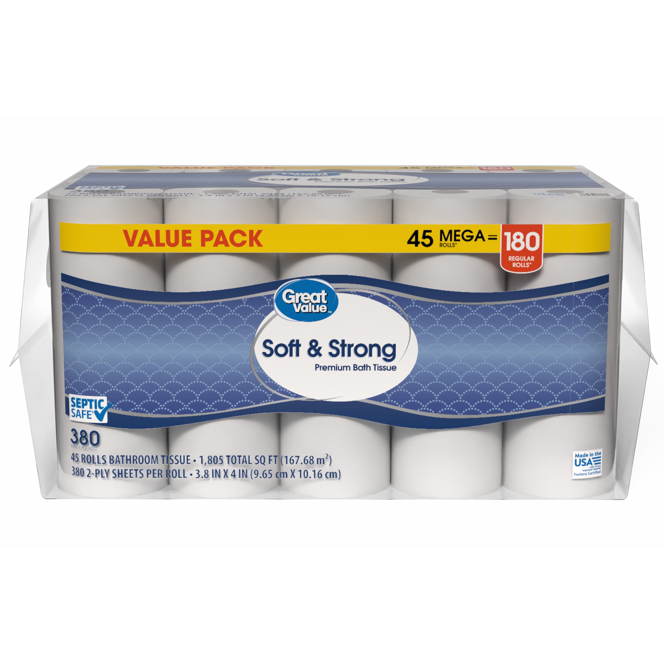 Great Value Soft & Strong Premium Toilet Paper, 45 Mega Rolls, 380 Sheets per Roll
