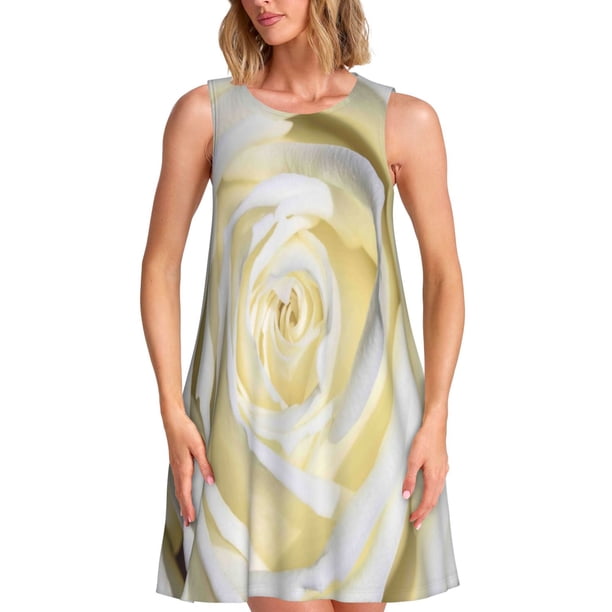 Easygdp White Rose para Vestido Transpirable de Mujer, Vestido Suelto de Manga Corta con Pliegues y Bolsillos para el Verano