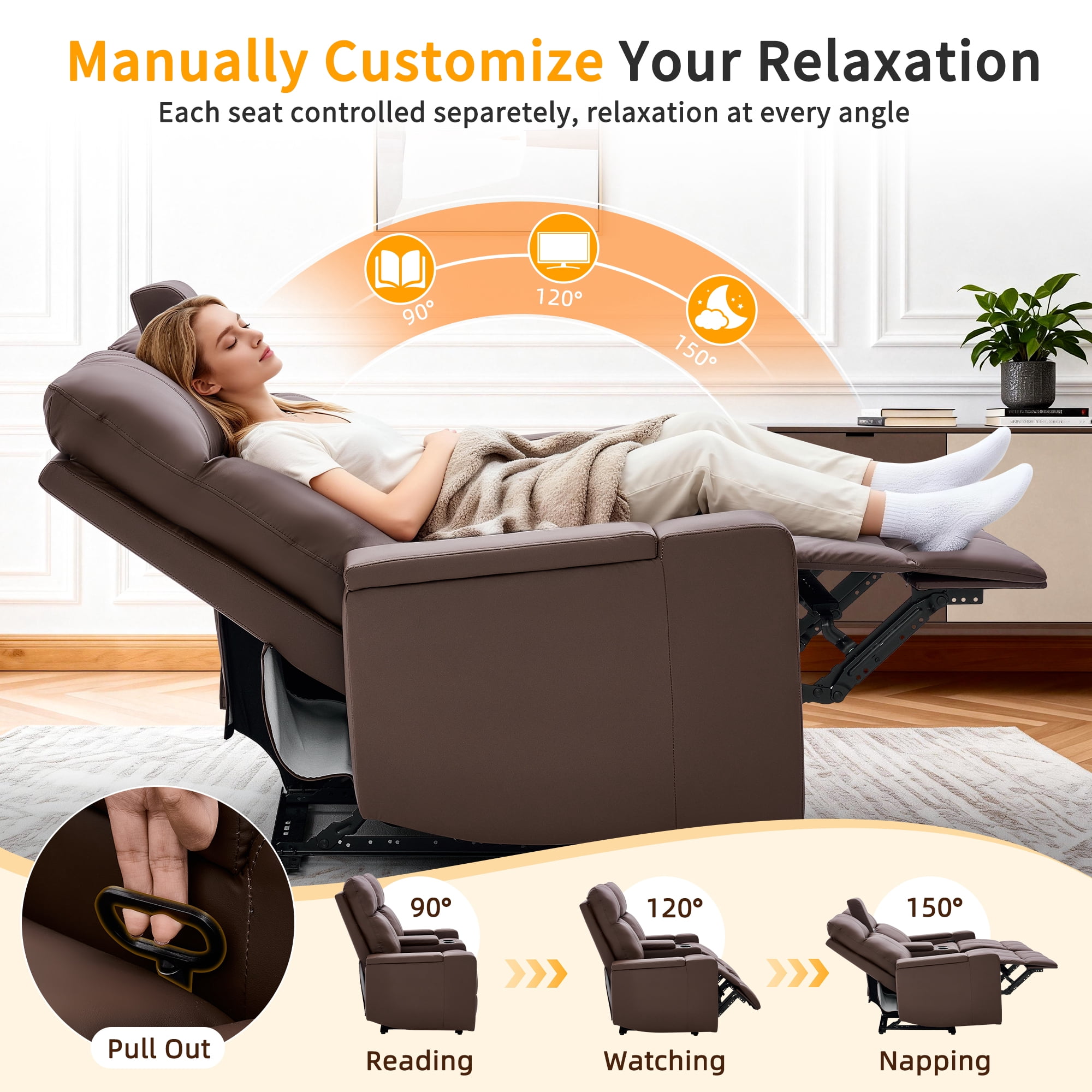 Korser Reclining Loveseat with Cup Holders,2-Seater Recliner Sofa with USB Ports & Type C Double Manual Recliner Chair for Living Room,Faux Leather,Brown