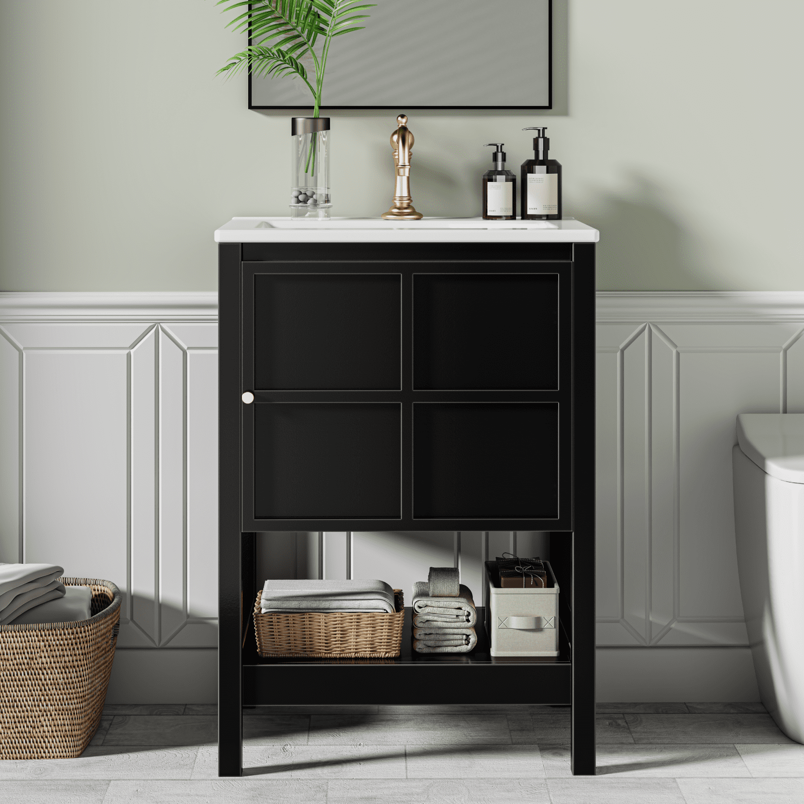 EVOKEDEN 24" Bathroom Vanity with Sink, Small Farmhouse Freestanding Bathroom Cabinet Combo Set, Soft Closing Door and Open Storage Shelf, Black
