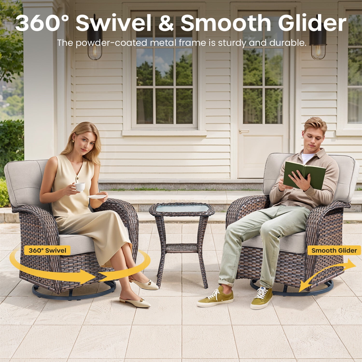 Bellefurn Luxury 5 Piece Outdoor Furniture Set with Swivel Glider Chairs,Sofa and Coffee Table,High Back Outdoor Conversation Sets for Porch Deck Garden Backyard