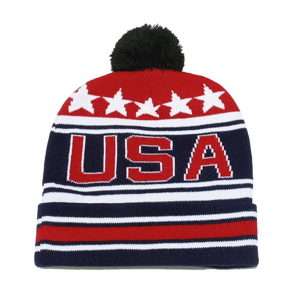 Womens Beanies Hat American Flag Cuffed Knit Hats with Pom Pom USA Winter Warm Skull Beanie Cap Multicolor