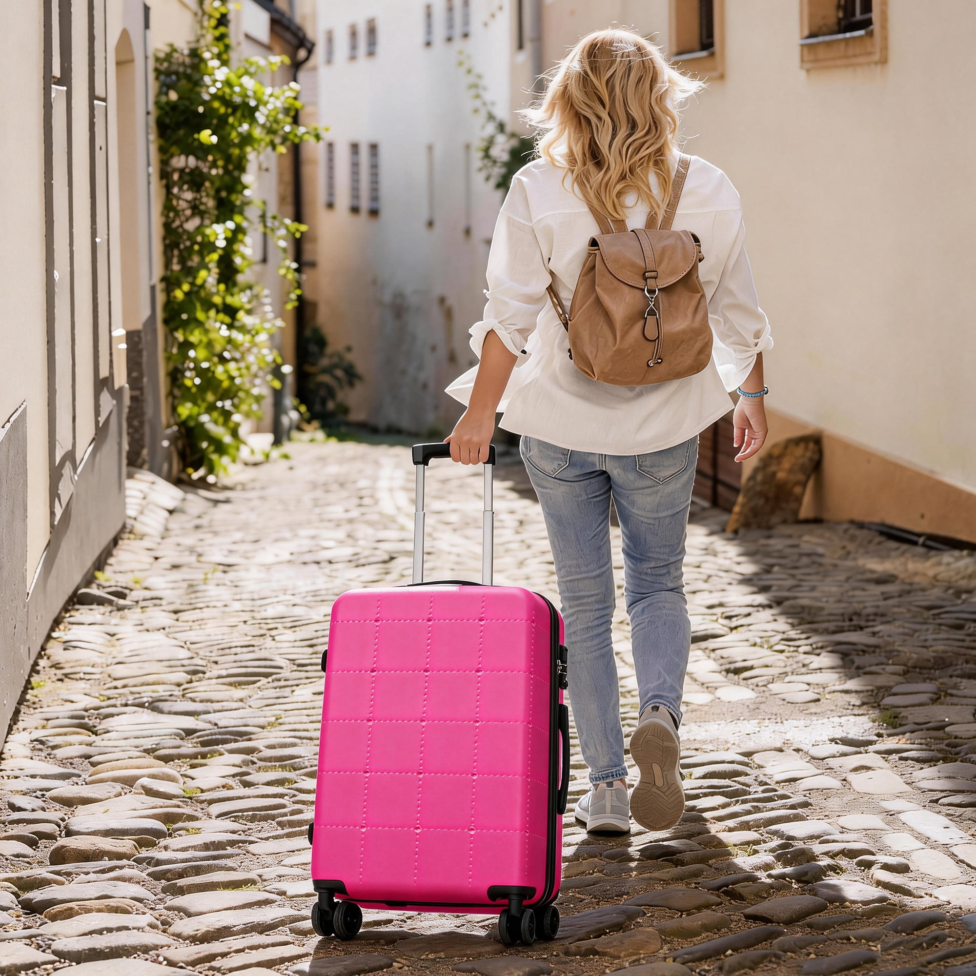 Euroco Luggage Sets 5 Piece, ABS Hardside Expandable Suitcase Set with TSA Lock Spinner Wheels and 2 Bags,20" Half-opening Carry on Luggage with USB Port for Travel,Pink(20"/24"/28")