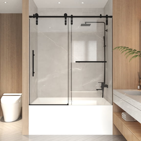 56-60" W x 66" H Frameless Sliding Bathtub Door, 5/16" Tempered Glass, Matte Black