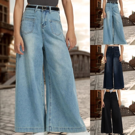 Yourumao Wide Leg Jeans for Women Wash Elastic Waisted Jeans Baggy Retro Denim Pants Streetwear Jean Trousers with Pocket