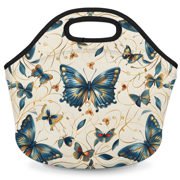 Herdesigns Butterfly Neoprene Lunch Bag, Vintage Floral Insulated Lunch Box for Women Men Washable Lunch Tote Soft Lunch Container With Zipper for Work Picnic Travel