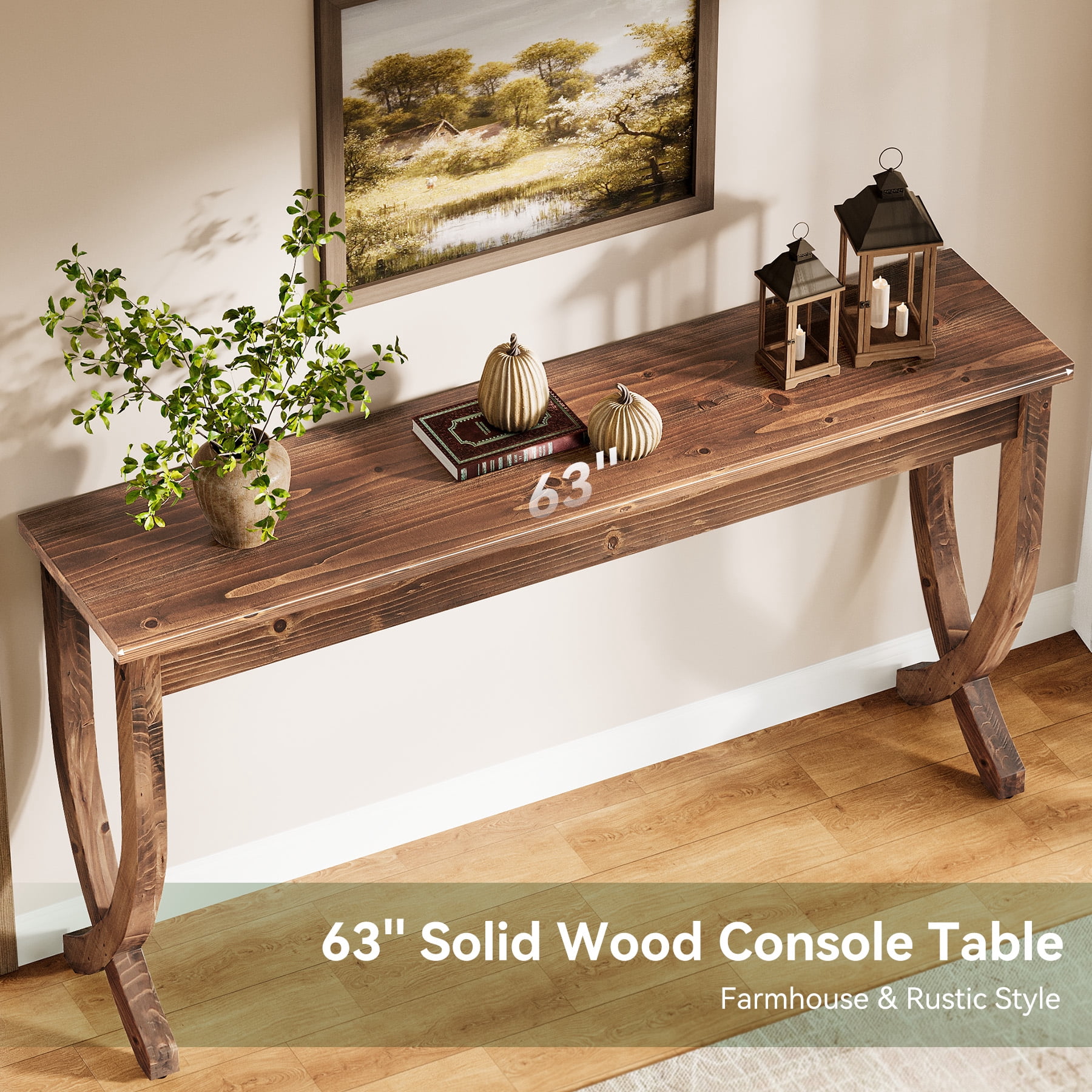Fnova 63" Console Table, Long Farmhouse Entryway Table, Solid Wood Sofa Table with X-Shaped Legs for Living Room, Entrance, Foyer