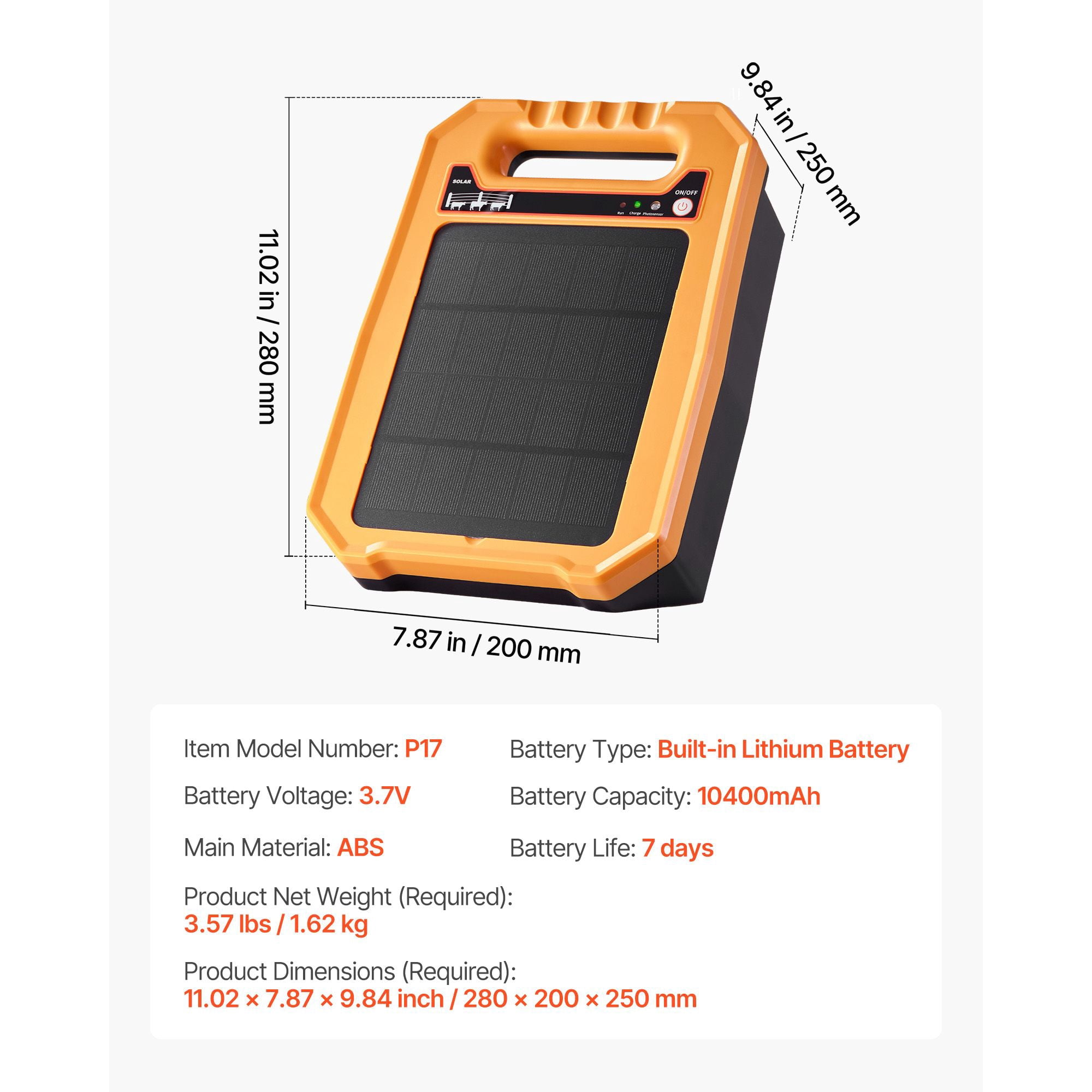 Solar Fence Charger 8kV 0.3J with 10W Solar Panel 10400mAh Battery for Livestock Wildlife Protection