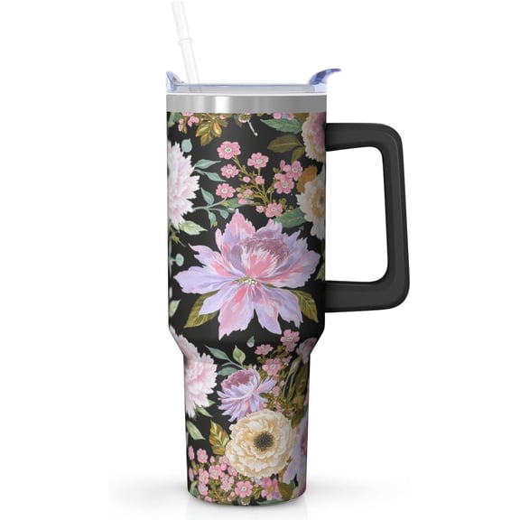 Spring Bloom Garden Tumbler with Handle and Straw, 40oz Insulated Stainless Steel Travel Mug, Peony Flower Coffee Cup for Women, Colorful Floral Gift Mug