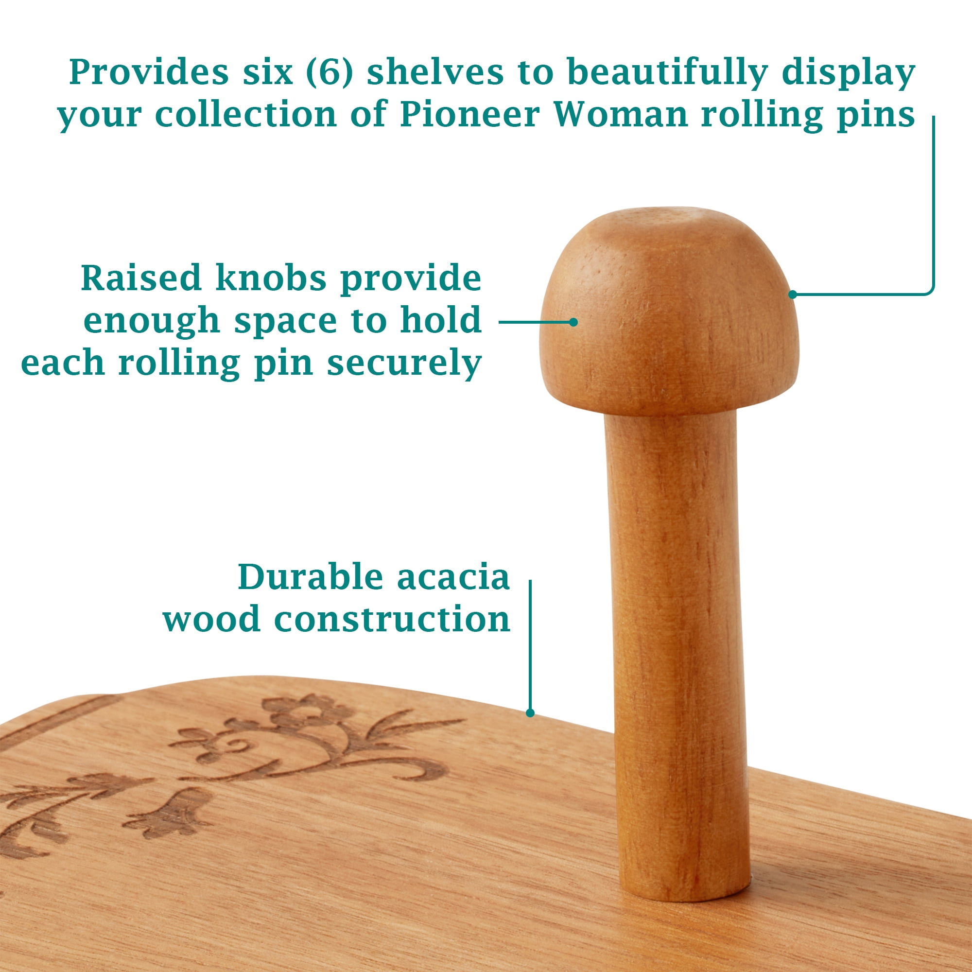 The Pioneer Woman Keepsake Floral 17.7" Ceramic Rolling Pin with Acacia Wood Holder