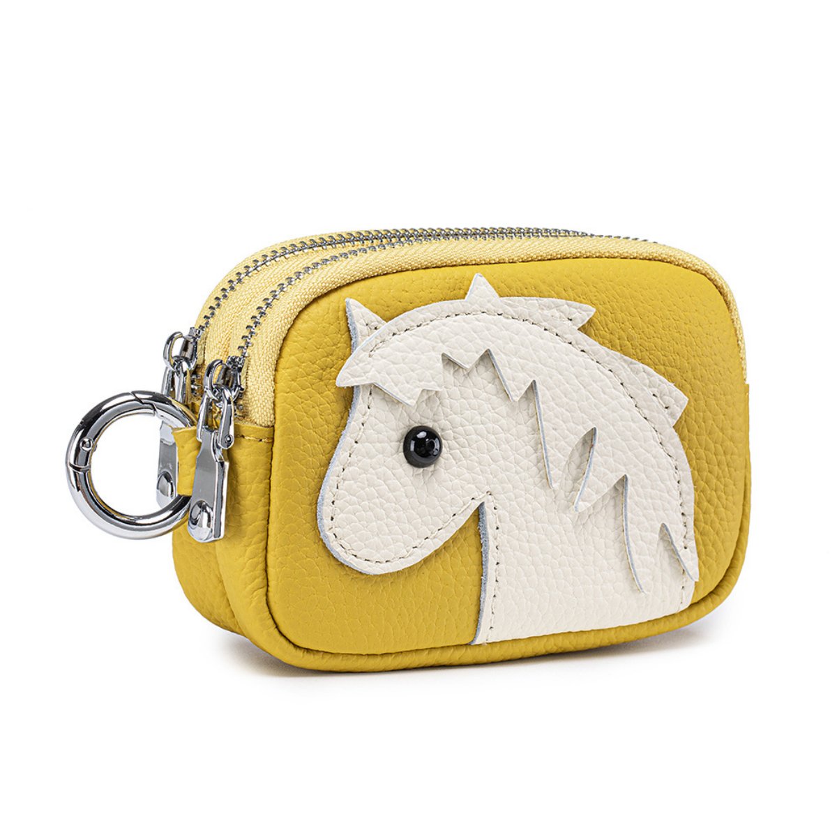 Genuine Leather Coin Purse for Women Double Zipper Small Change Pouch with Cute Horse Pattern Portable Mini Wallet Key Holder Detachable Bag Charm for Tote Bag Decoration