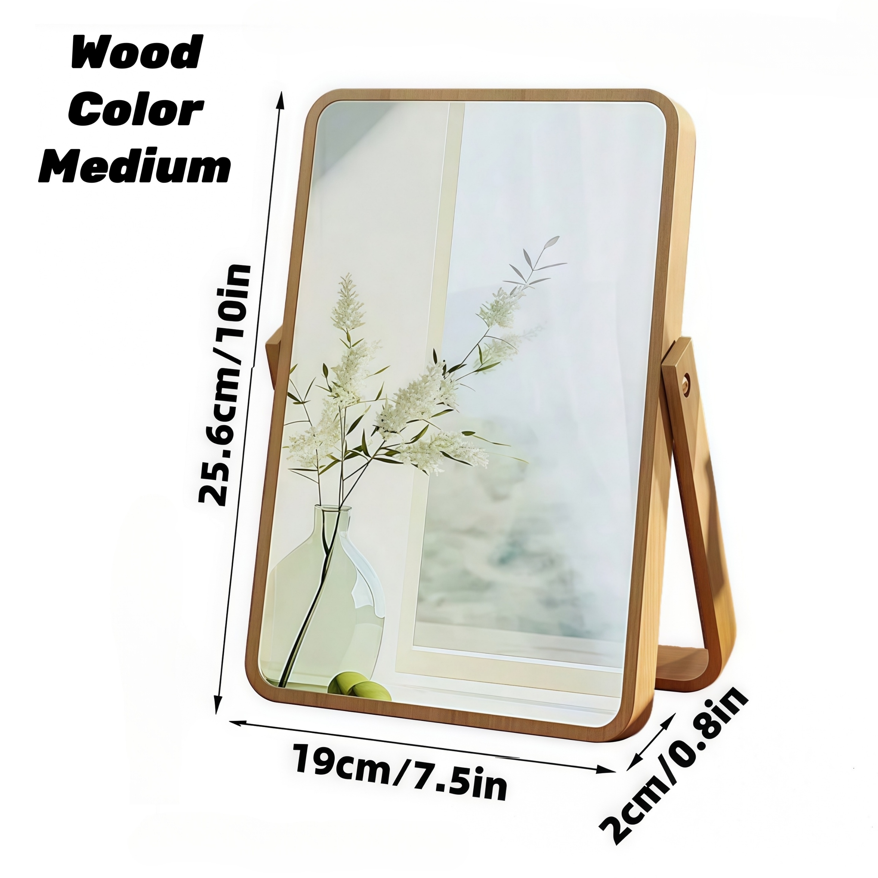 Natural Bamboo Mirror Vintage Wood Table Vanity Makeup Mirror Rectangle Standing 360 Degree Rotation Desk Mirror Decor for Living Room, Bedroom, Entryway