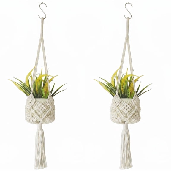 Xingtaoda Macrame Plant Hangers With S Hooks 2 Pack Cotton Rope Hanging Planter Holders for 3-8 Inch Pots Boho Indoor Outdoor Decor(2 White)