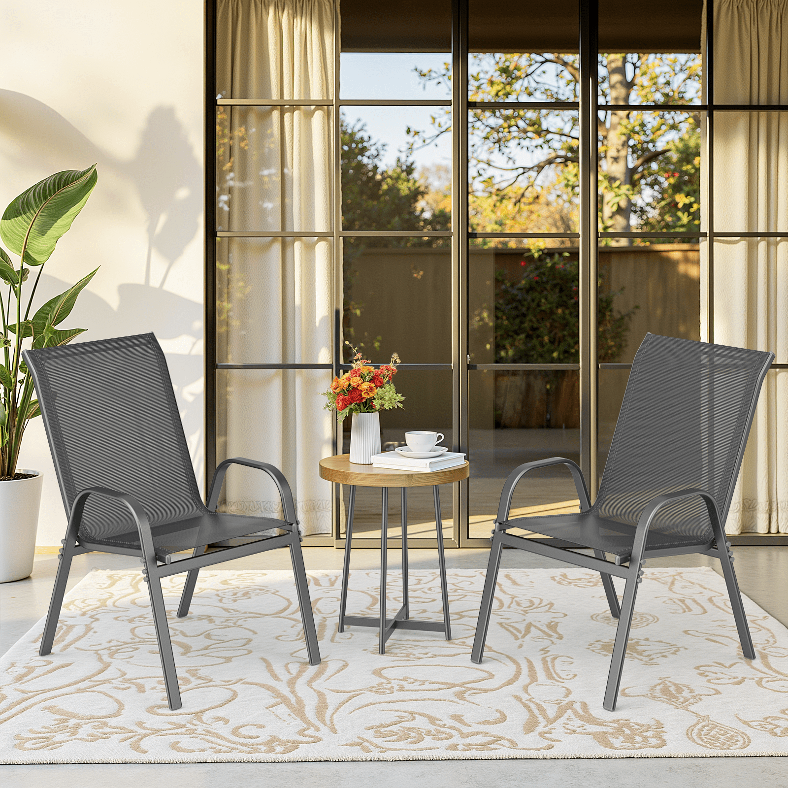 Vitarpatio Outdoor Patio Dining Chairs Set of 2, Stackable Patio Chairs Metal Outdoor Chairs High Back Textilene Armchairs