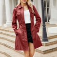 thumbnail image 2 of Women's Jackets Womens Fall Jackets Women's Mid Length Leather Jacket With Belt And Long Sleeved Leather Windbreaker British Coat, 2 of 9
