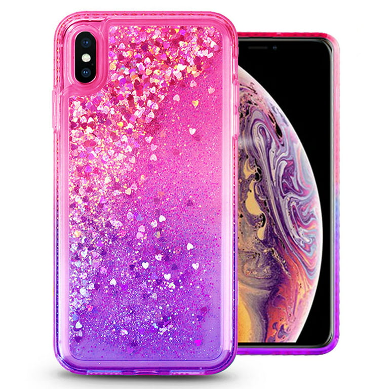 Apple iPhone XS / Apple iPhone X Sparkling Glitter Liquid Floating Hearts  Stars With Diamonds Case Cover Pink Purple