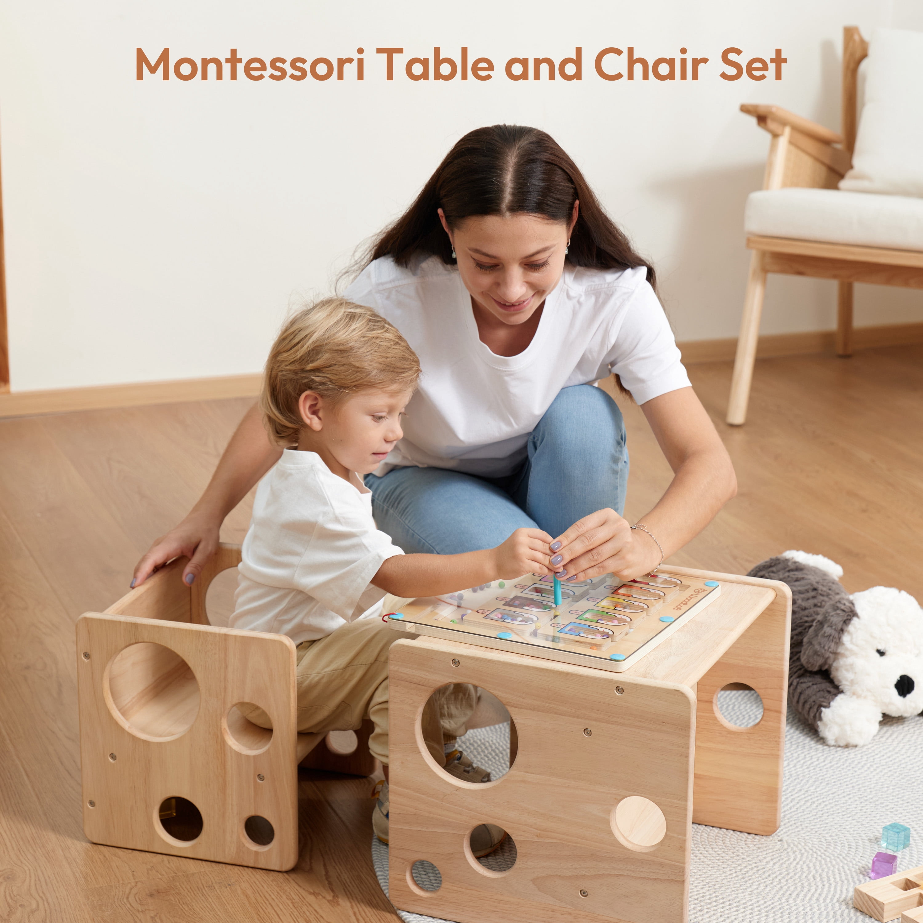 Woodtoe Kids Table and Chair Set, Montessori Weaning Table and Chair Set for Toddler, Natural Solid Wooden Activity Table Cube Chair for Drawing Reading, Montessori Playroom Furniture for Children
