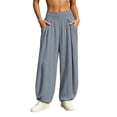 thumbnail image 4 of Women Solid Double Crinkle Elastic High Waist Jogger Pants, Side Pockets Loose Daily Casual Long Trousers Gray L(L), 4 of 9