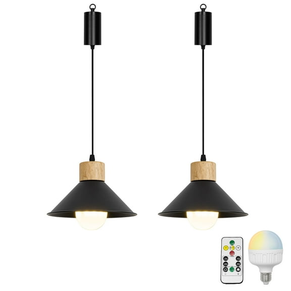 KAYYELAMP 2Pcs Rechargeable Battery Adjusted Height Hanging Light Remote LED Dimmer Timing Bulb Wood Base Black 8.7" Dia Shade Retro Design for Bedroom Kitchen Farmhouse
