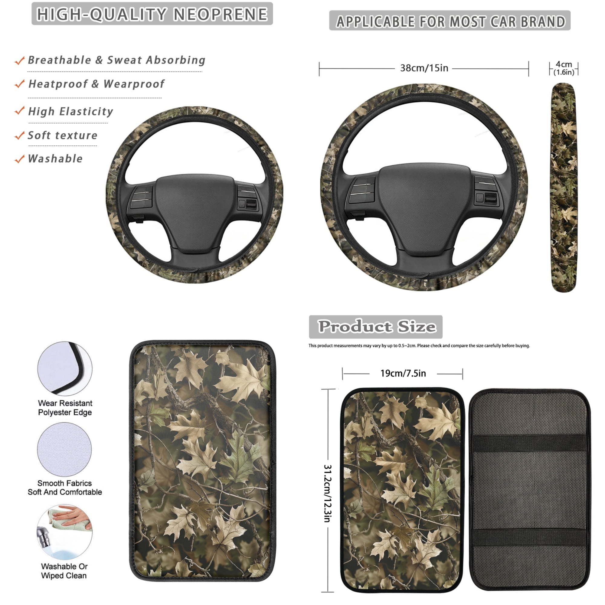 Jeiento Camo Hunting 13 PCS Car Seat Covers Full Set with Steering Wheel Cover Seat Belt Pads Armrest Cushion Woodland Forest Tree Coasters Keychain Lipstick Holder Auto Accessory Sets