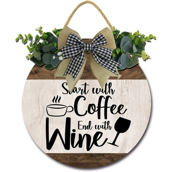 Eveokoki 12" Start With Coffee End With Wine Coffee Bar Decor Sign Farmhouse Wall Decor， Wooden Round Retro Rustic Coffee Bar Decor Coffee Lover Coffee Station Decor Home Office Kitchen