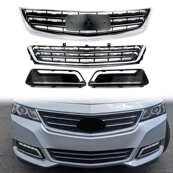 4Pcs Front Bumper Grille & Fog Light Cover Bezel Replacement For Chevrolet Impala LS LT LTZ Premier Sedan 4-Door 2014-2020, Black Chrome