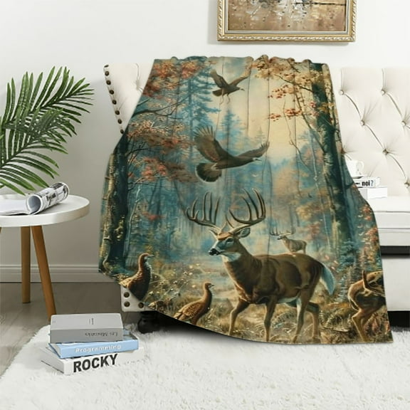BCIIG Deer and Forest Scene Throw Blanket Gifts, Soft Cozy Fleece Blanket with Wildlife Nature Print, Blanket for Couch Bed Sofa, Perfect for Hunters and Nature Lovers, 40x50in