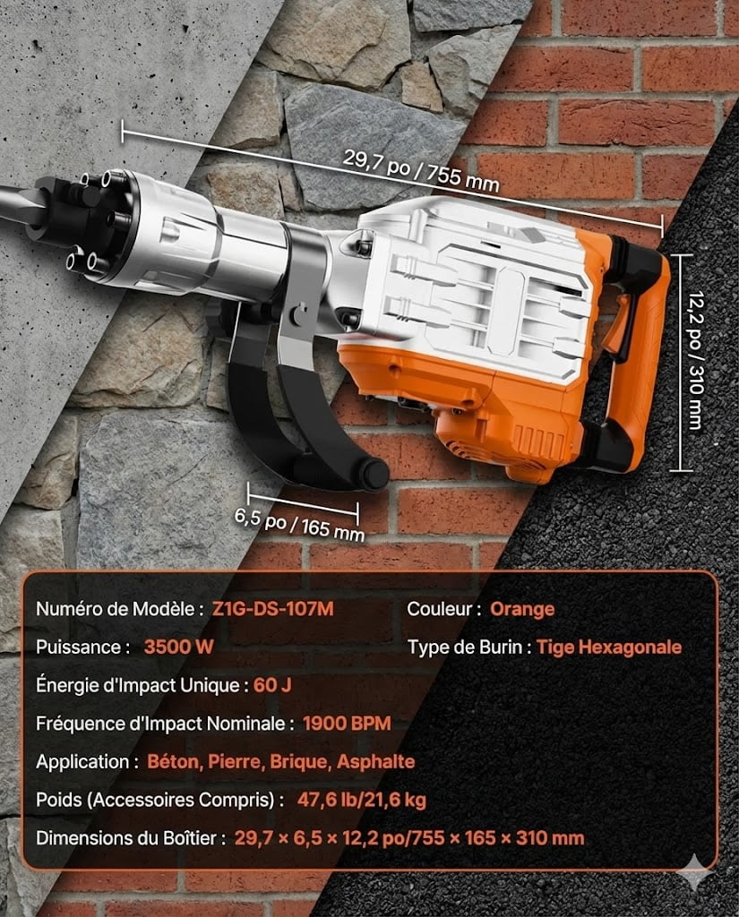 Demolition Jack Hammer, 3500W Jack Hammer Concrete Breaker, 1900 BPM Heavy Duty Electric Jack Hammer, 2pcs Chisel with Gloves & 360°C Swiveling Front Handle for Trenching and Breaking Holes
