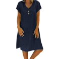 thumbnail image 3 of Laqbezok Cotton Linen Dress, Women's Casual V-Neck Short Sleeve Retro Sundress, Loose Fit A-Line Gown with Decorative Buttons, 3 of 8