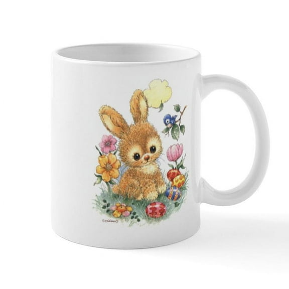 CafePress - Cute Easter Bunny With Flowers And Eggs Mugs - 11 oz Ceramic Mug - Novelty Coffee Tea Cup