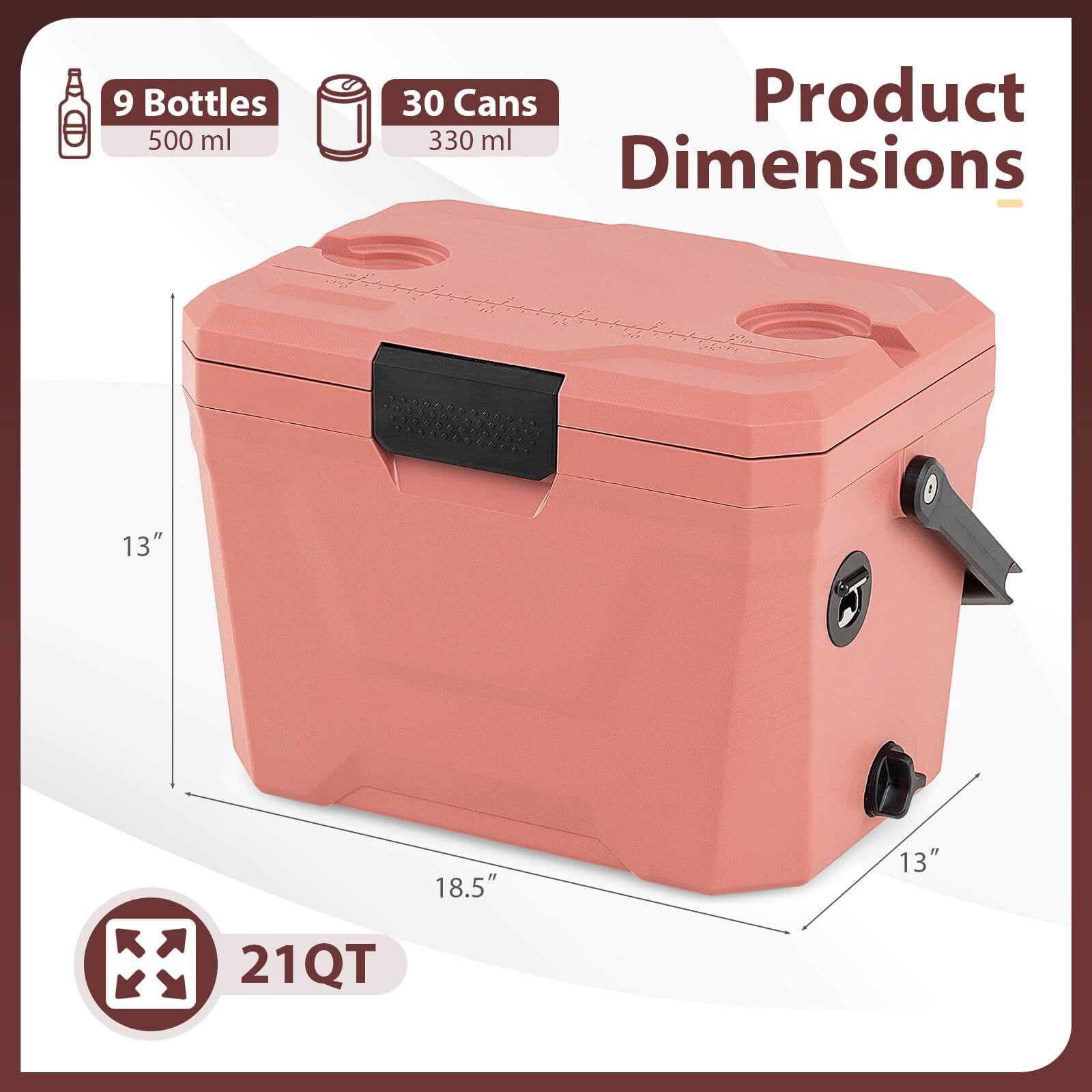 Costway 21 QT Insulated Portable Cooler, Hard Shell Ice Chest with 2 Cup Holders Pink