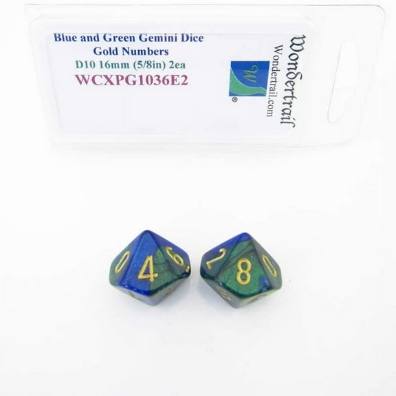 Blue and Green Gemini Dice with Gold Numbers D10 Aprox 16mm (5/8in) Pack of 2 Wondertrail