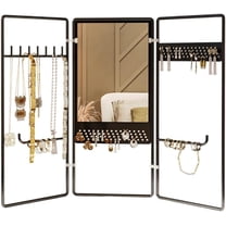 SUSSEXHOME 3-Tier Foldable Jewelry Organizer with Mirror – Earring Holder, Necklace Display Stand, Matte Black Jewelry Storage Rack, Unique Gift for Her