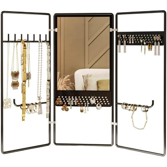 SUSSEXHOME 3-Tier Foldable Jewelry Organizer with Mirror – Earring Holder, Necklace Display Stand, Matte Black Jewelry Storage Rack, Unique Gift for Her
