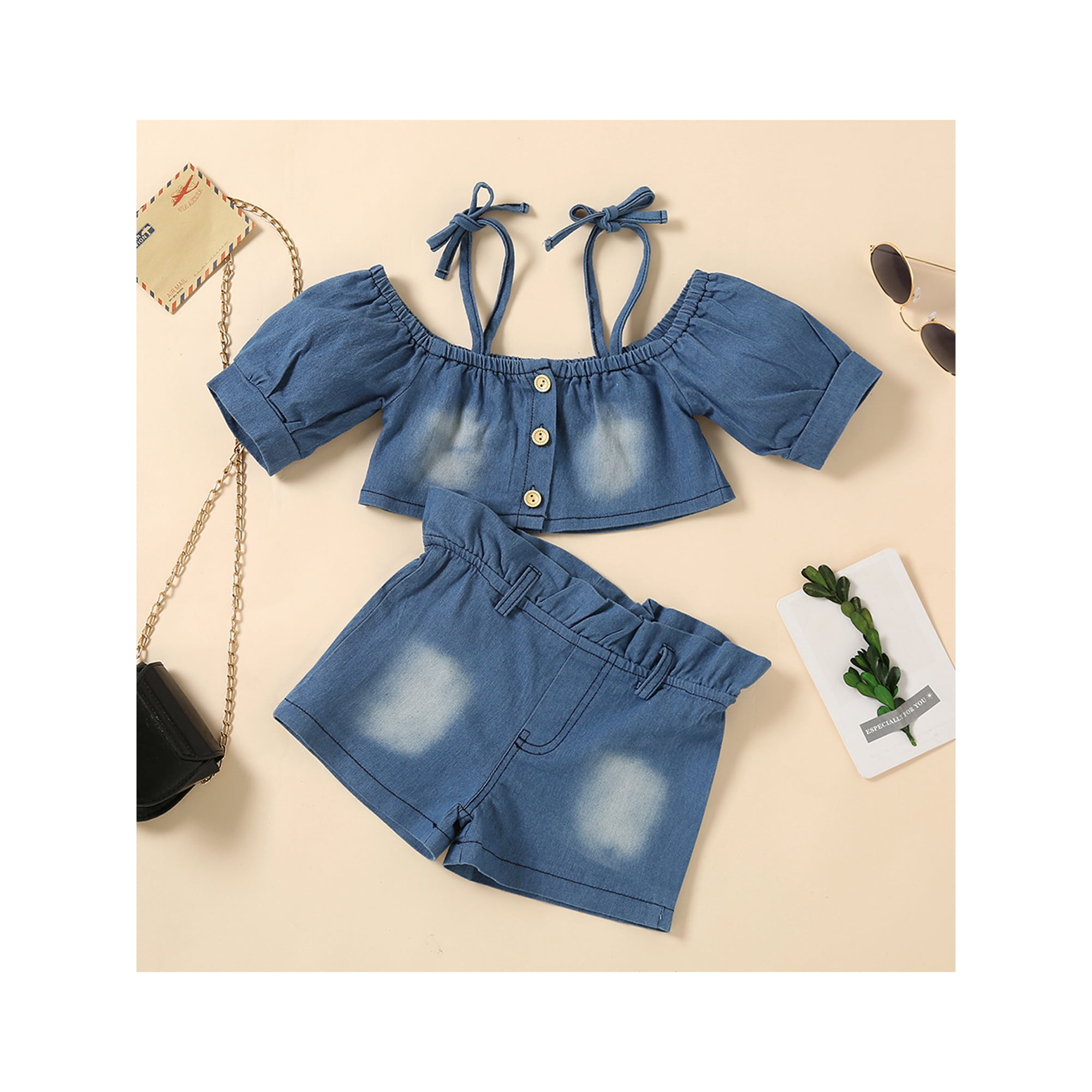 Zaxarra Kids Girls Denim Outfits Off Shoulder Crop Top With Shorts Outfit Blue