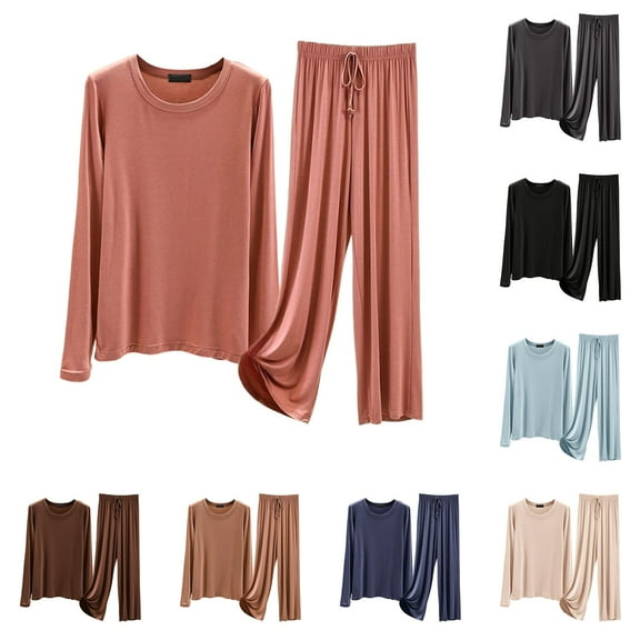 Modal Pajama Sets For Women 2 Piece Pants And Long Sleeve Outfits Fall Casual Pullover Tops & Wide Leg Pants Lounge Sets Loungewear (Beige,Large)