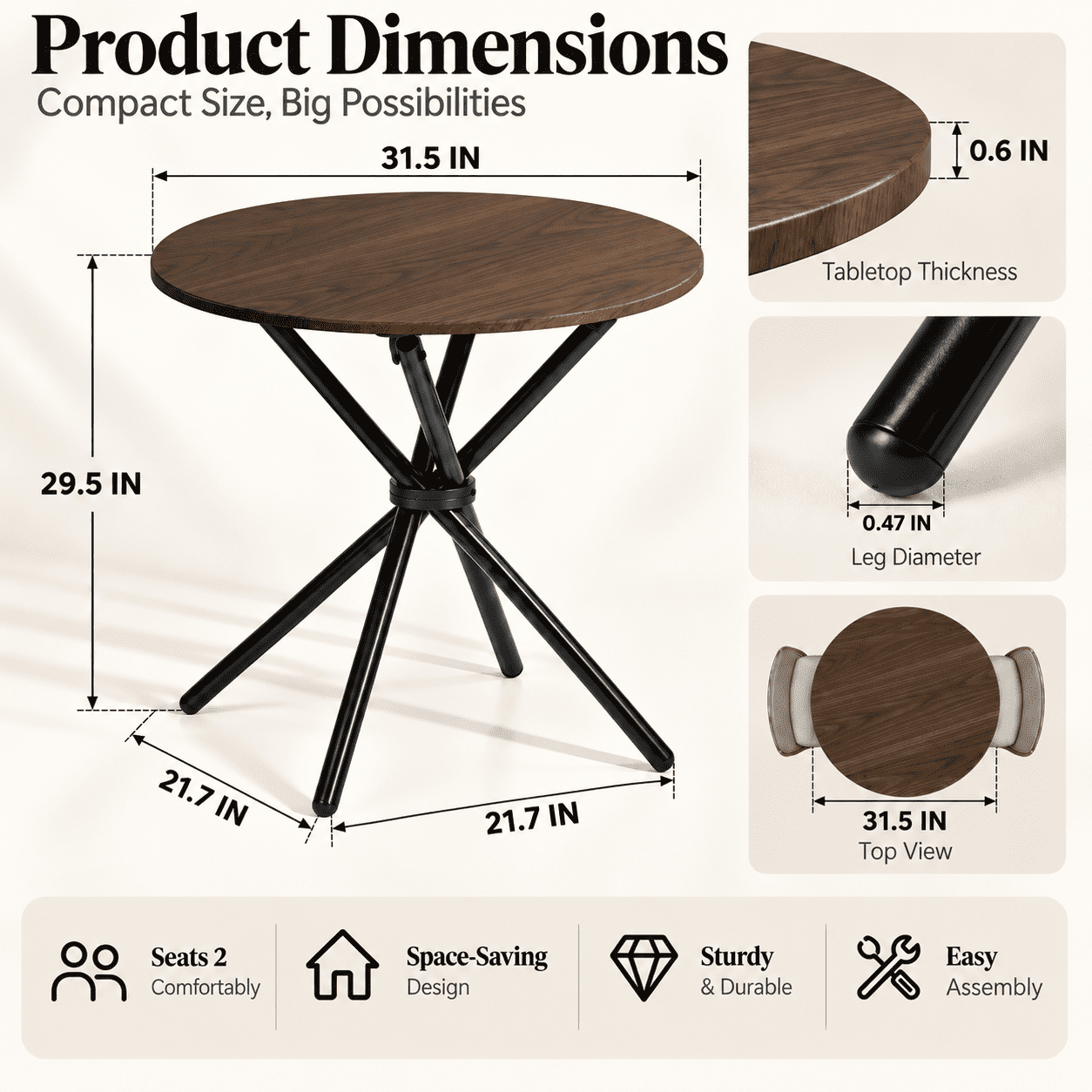 Homy Casa 31.5 in Round Dining Table for 2-4, Small Space Kitchen Table with Metal Legs, Walnut Brown