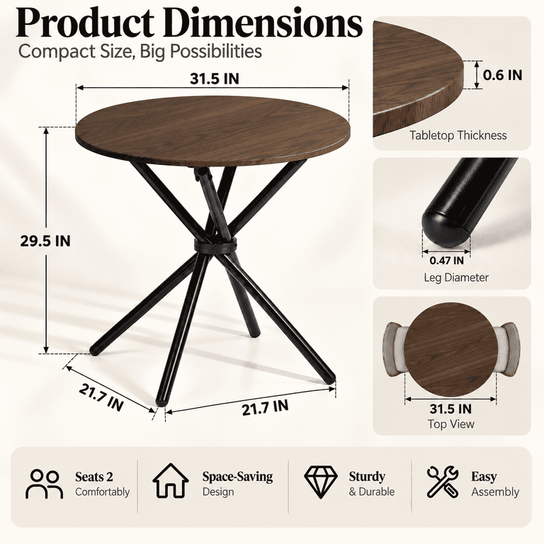 Homy Casa 31.5-Inch Round Dining Table for 2-4, Walnut Brown photo 4