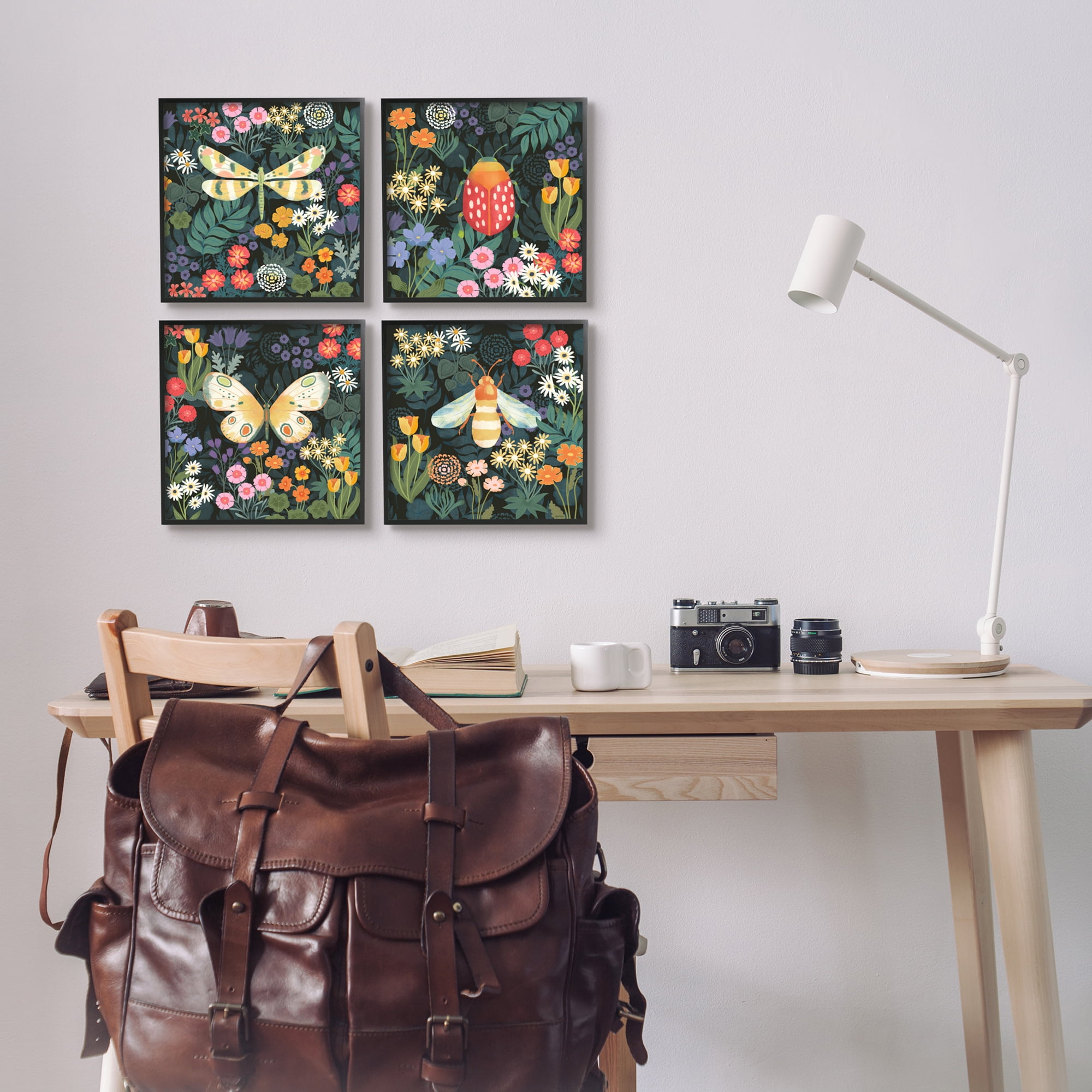 Stupell Industries Insects Among Wildflowers Animals & Insects Painting Black Framed Art Print Wall Art, 12 x 12, Set of 4