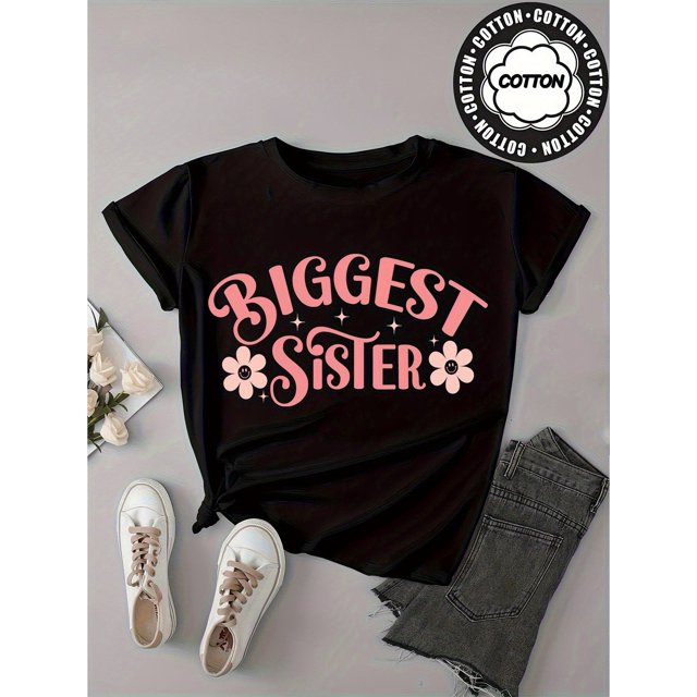 Youngsters' Cotton T-Shirt - Soft Breathable Short Sleeve Crew Neck Tee with Playful Letter & Floral Print, All-Season Casual Top for Girls Under 12, Perfect Gift for Siblings, T Shirts