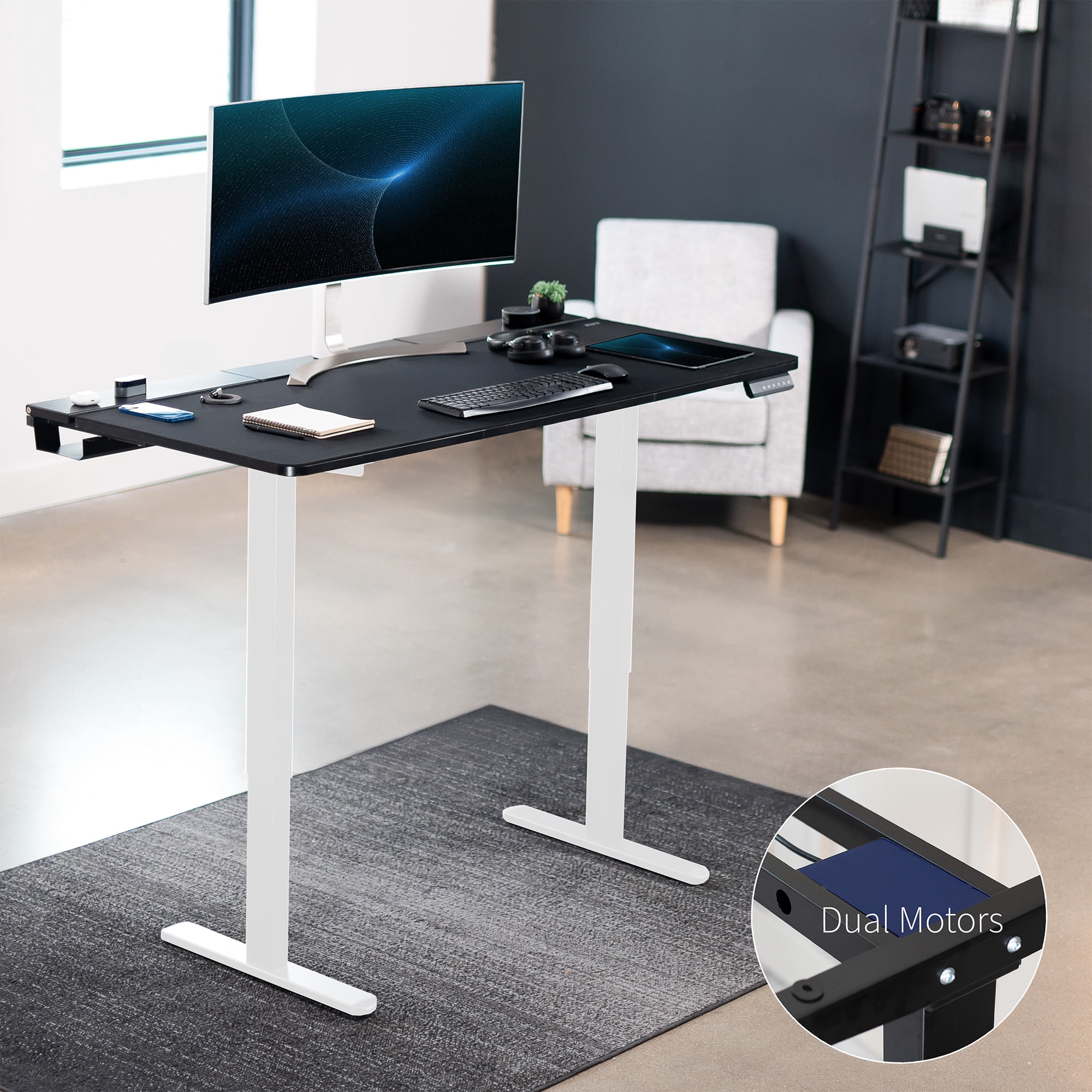 VIVO Electric 60" x 30" Desk, Full Pad, Black Hidden Cable Tabletop, White Frame