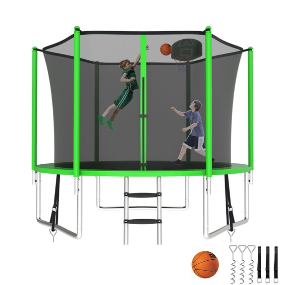 Kumix Trampoline with Enclosure Net for Kids and Adults, 1000LBS Capacity 10FT Trampoline with Basketball Hoop, Ladder, Wind Stakes, Outdoor Heavy Duty Trampoline, Green