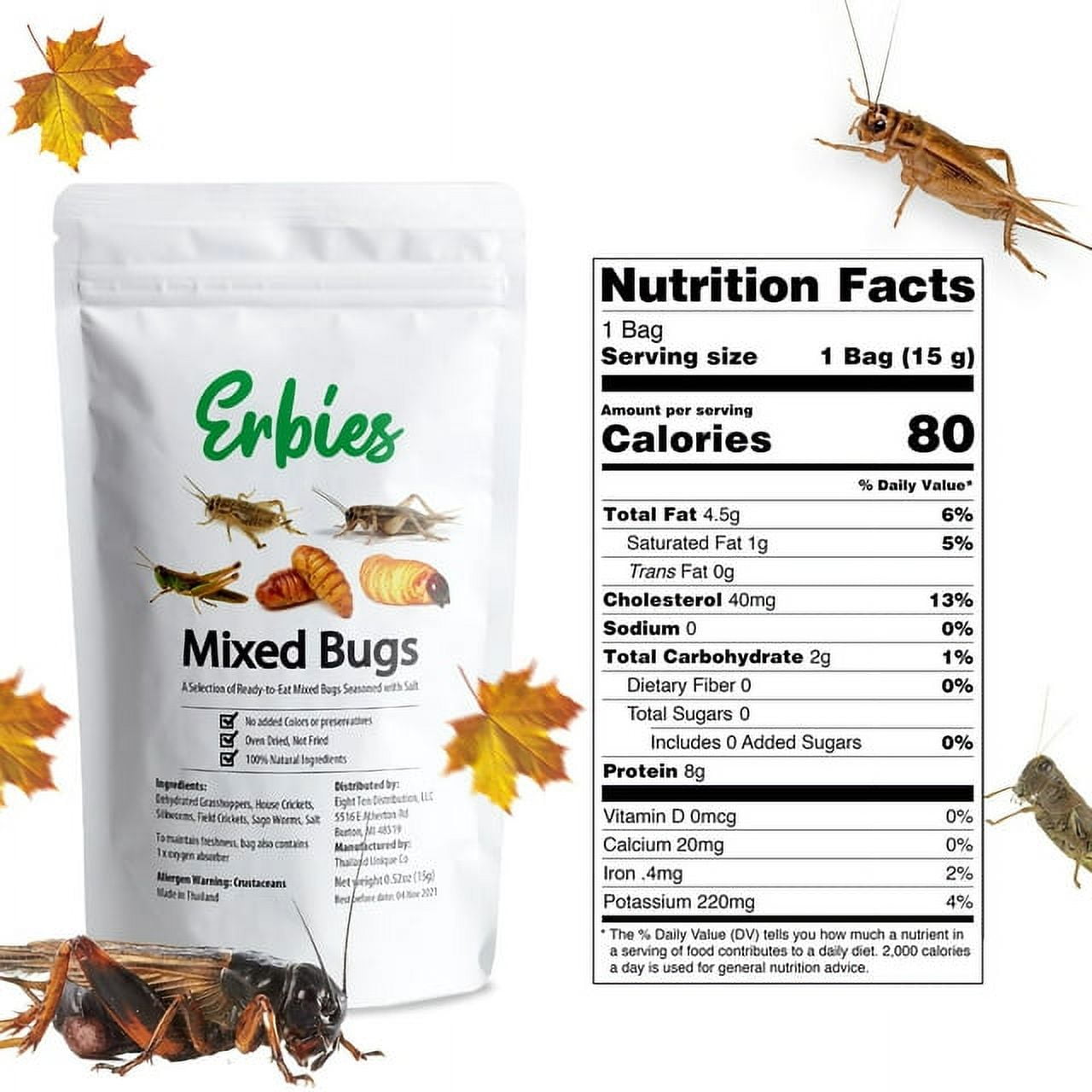 Erbies Edible Bugs Mixed Trail Mix, 15g Bag, Seasoned and Crunchy Insects, Crickets, Grasshoppers, Silkworm Pupae, and Sago Worms, Protein Packed Snack, Fun Gift Idea (1-Pack)