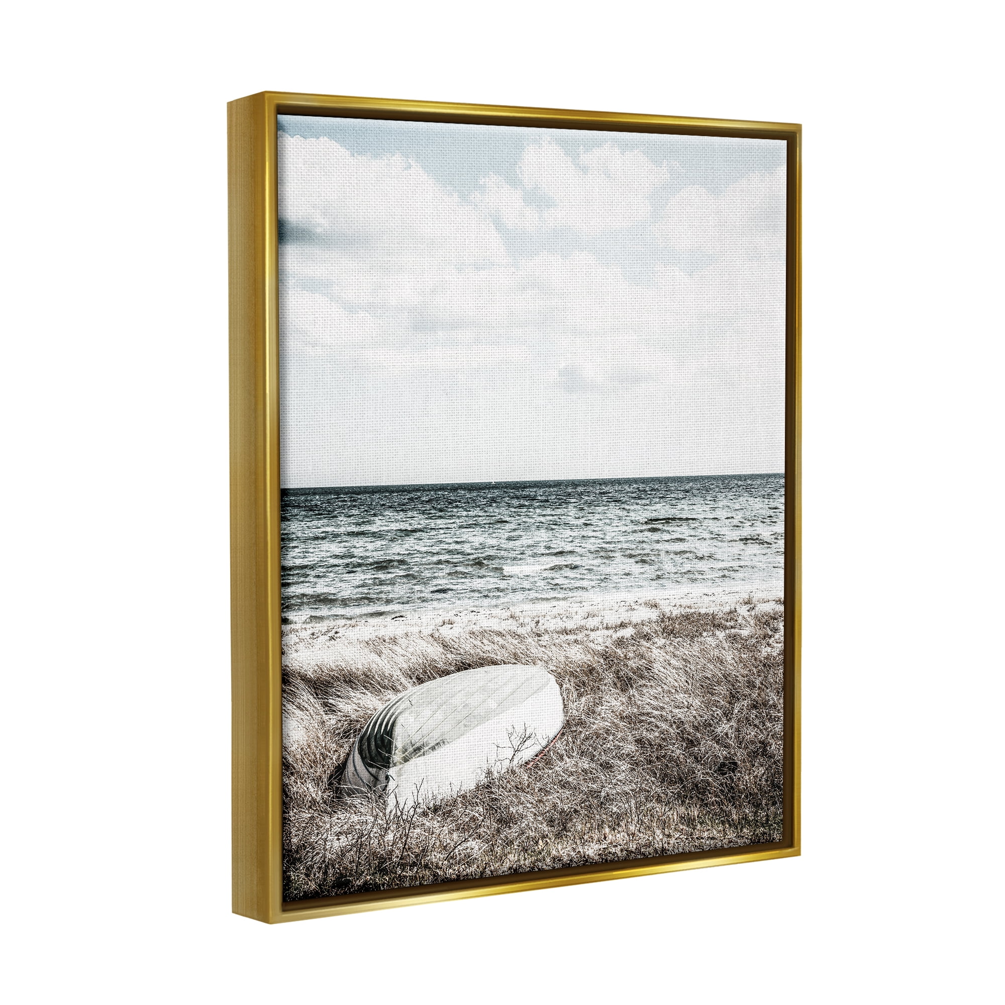 Stupell Industries Boat on Beach Coast Nature Photography Gold Floater Framed Art Print Wall Art, 25 x 31