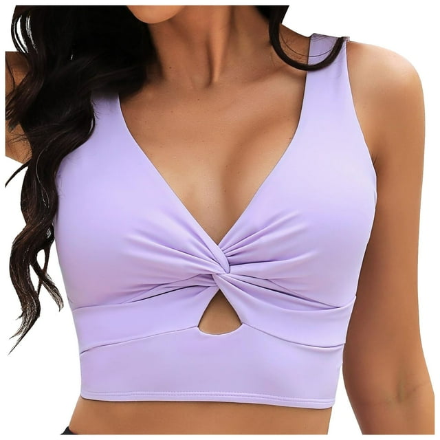 Huesdet Bikini Tops for Women Triangle Bikini Top Ribbed Push up Padded Halter String Bathing Suits Top(Purple,XXL)